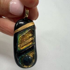 Artisan Handmade Glass Blown Custom Pendant Only Rectangle Gold Black Metallic